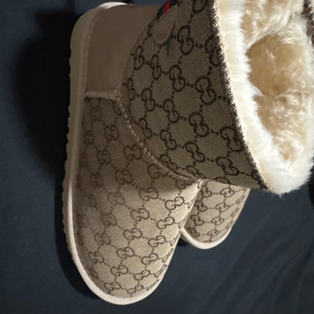 Gucci Beige GG Monogram Shearling Ankle Booties